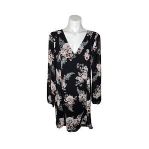 BCBG GENERATION V-Neck Long Sleeve Mini Dress Black Floral Size Medium